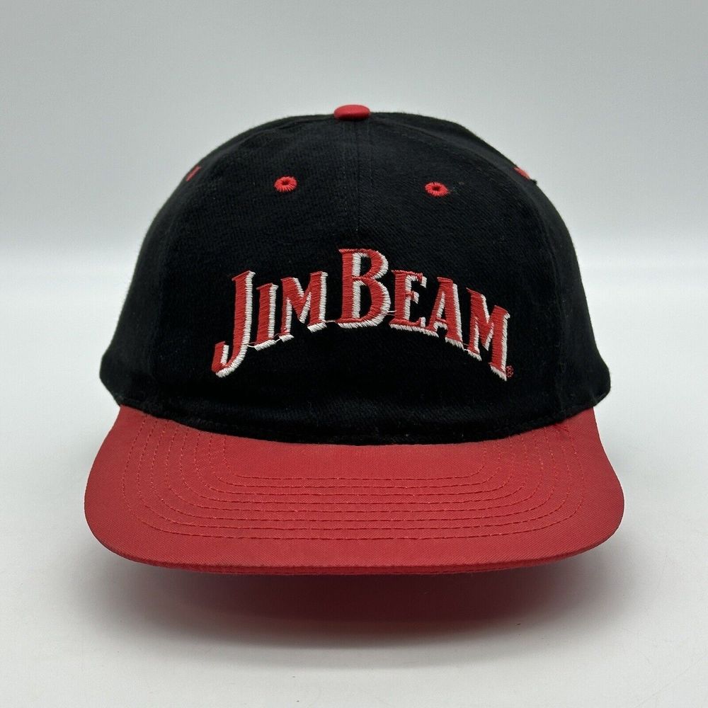 Vintage Jim Beam Hat Cap Mens Black Red Adjustable SnapBack Whiskey Drinker